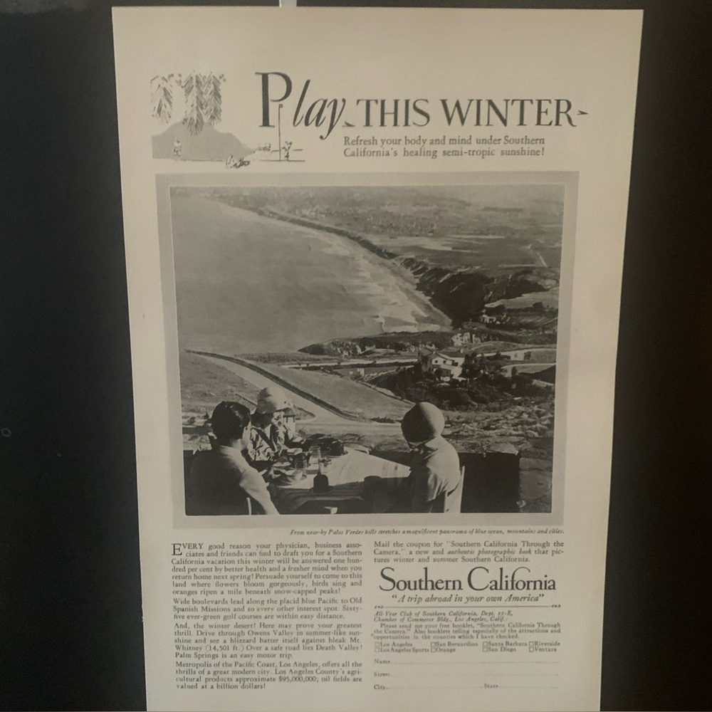 Vintage 1928 Southern California Play This Winter Ad Advertisement